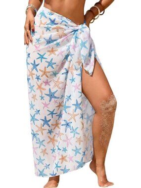 Women's White Starfish Prints Swimsuit High Slit Summer Floral Print Wrap Beach